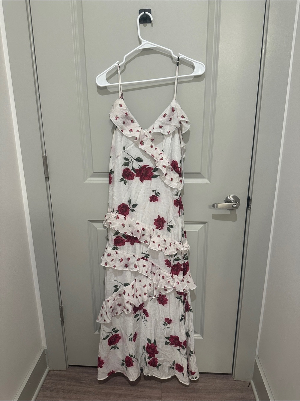 White Floral Ruffle Maxi Dress with Burgundy Roses